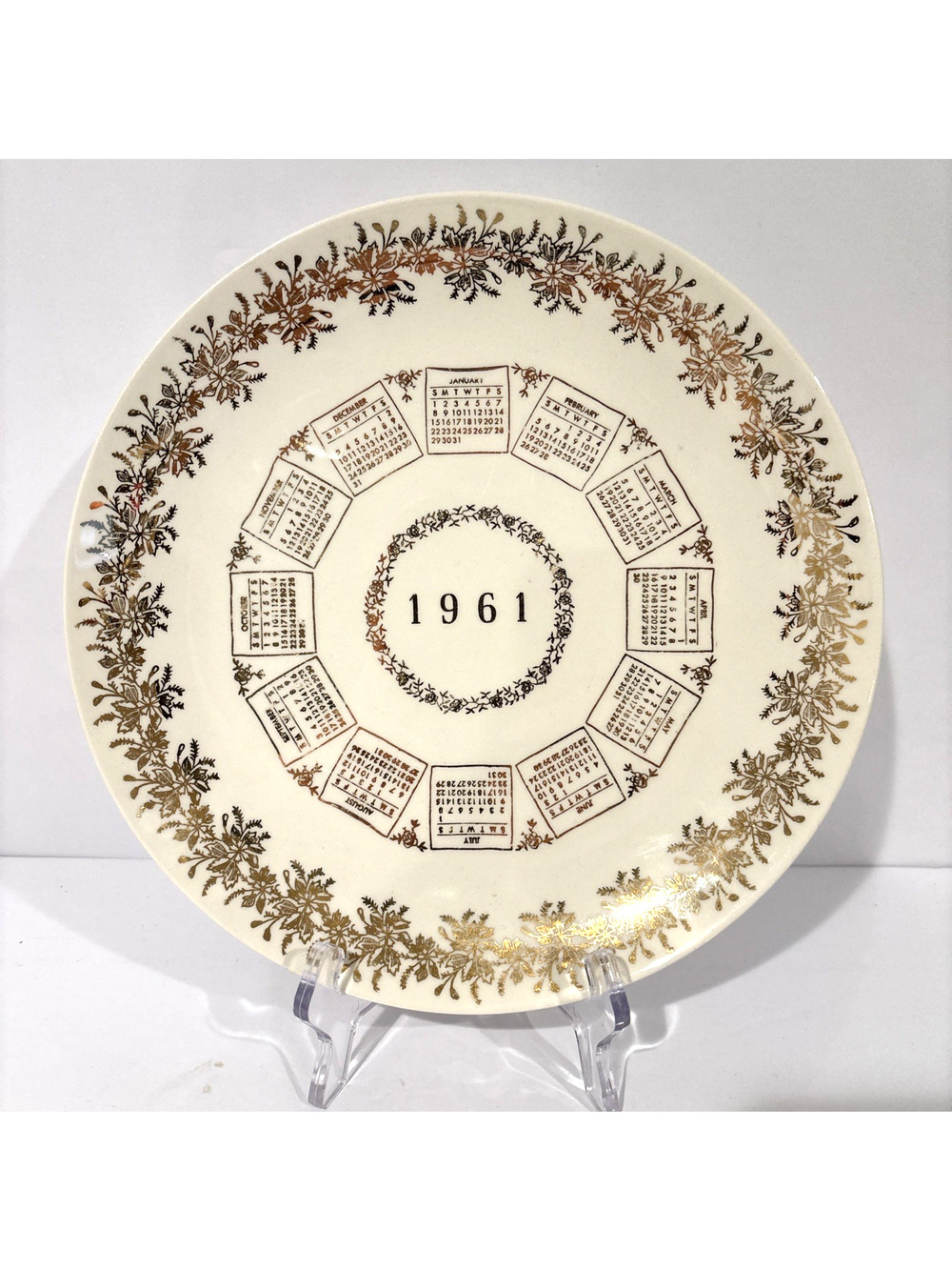 Vintage 1961 Ceramic Calendar Collector Plate 10" Cream Gold Decorative